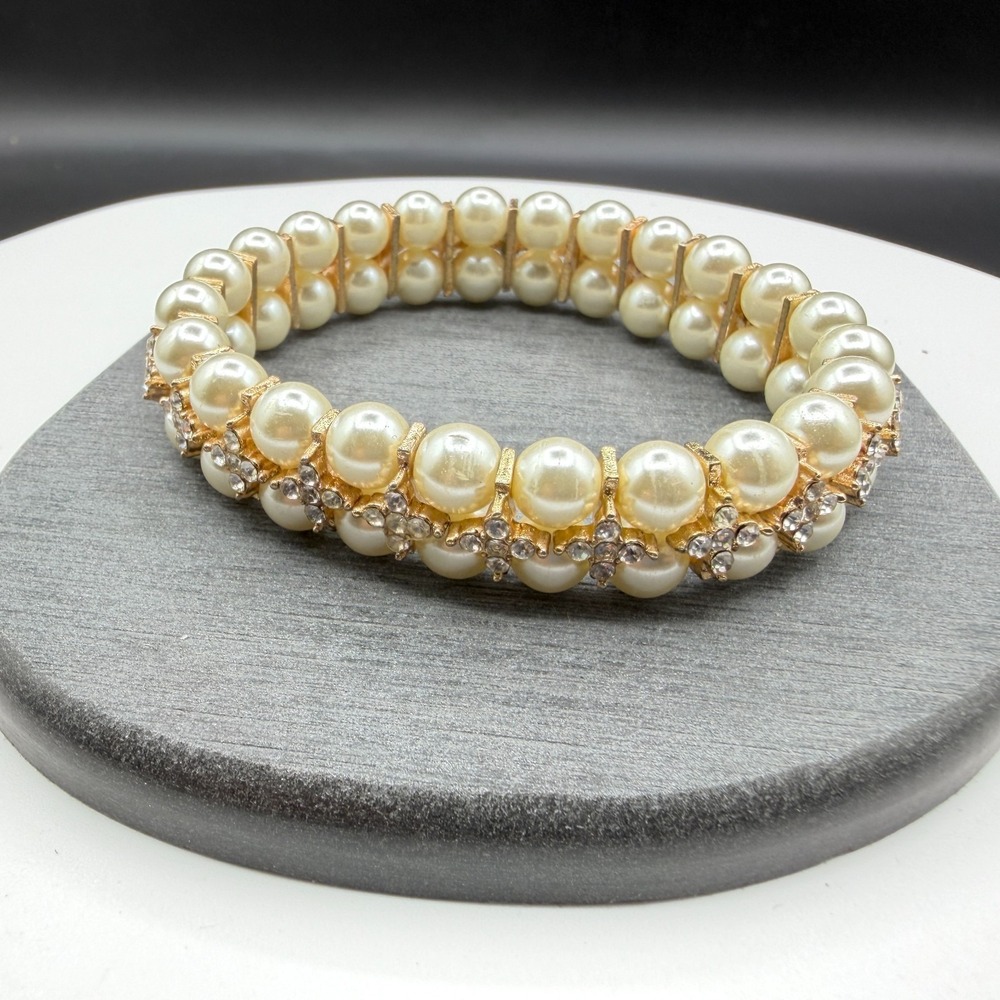 Faux Pearl Rhinestone Wide Stretch Bracelet Gold Tone Bridal Statement Jewelry